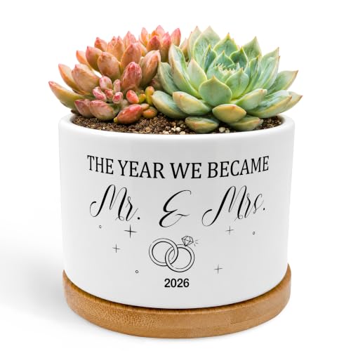 Wedding Gifts for Couples 2026 Plant Pots, Mr & Mrs Newlyweds Gifts Ceramic Succulent Flower Planters(No Plants)