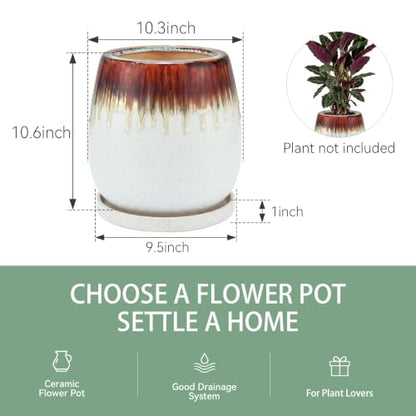 10.3 Inch Ceramic Glaze Plant Pot with Saucer, Flower Pots with Drainage Hole Mesh Net (Hemp-White) - color: Hemp White