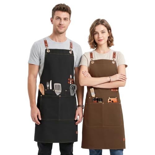 KTMOUW 2 Pack Chef Apron for Men Women with Large Pockets, Adjustable Apron - color: Black+coffee