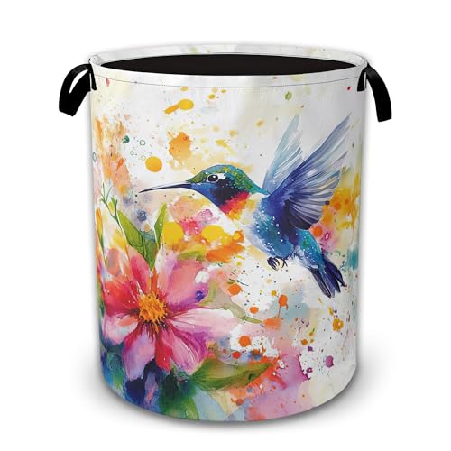 Hummingbird Laundry Basket Collapsible with Handles,Watercolor Flower Waterproof Oxford Cloth Hamper,16 x 20.8 Inch Storage Organizer for Bathroom Bedroom Dorm - color: Hummingbird,Watercolor Flower