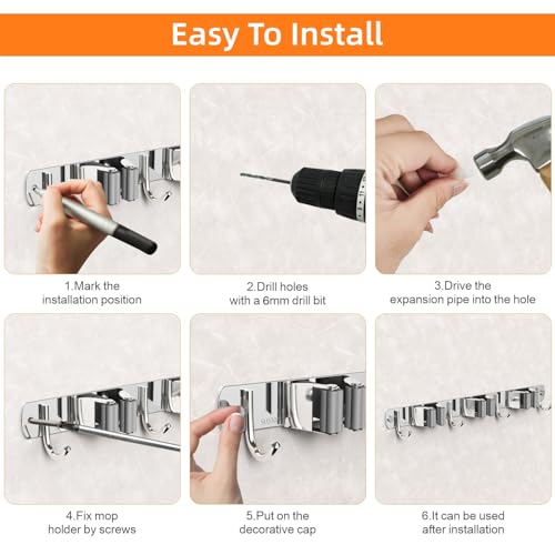 CUXIXA Mop and Broom Holder Wall Mount for Kitchen Garden Laundry Garage - color: Silver, size: 4 Racks with 5 Hooks