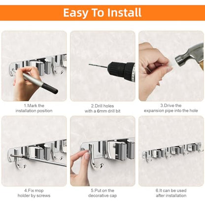 CUXIXA Mop and Broom Holder Wall Mount for Kitchen Garden Laundry Garage - color: Silver, size: 4 Racks with 5 Hooks