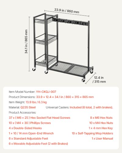 VEVOR Broom Holder with Cleaning Supplies Organizer, Garage Storage Metal - size: Medium