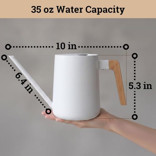 Metal Small Indoor Watering Can with Long Spout & Real Wood Handle, 35oz - color: White