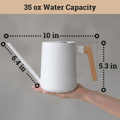 Metal Small Indoor Watering Can with Long Spout & Real Wood Handle, 35oz - color: White