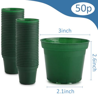 50 Pack 3 Inch Plastic Nursery Pot with Drainage Holes, Raised Base - color: Green, size: 3"-50P
