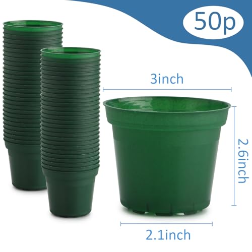 50 Pack 3 Inch Plastic Nursery Pot with Drainage Holes, Raised Base - color: Green, size: 3"-50P