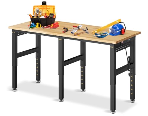 72” Adjustable Height Workbench, 2000 LBS Heavy Duty Table Rubber Wood Workstation with Power Outlet & Pegboard for Garage, Office, Workshop, Home,Commercial - size: 72"| Rubber Pad│Power Outlets | Pegboard