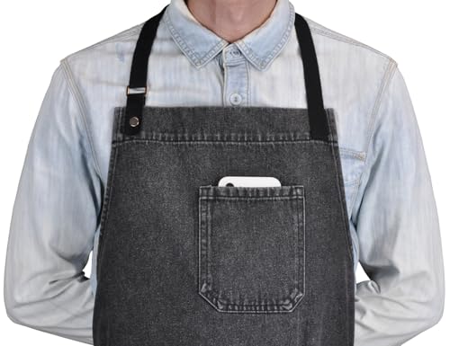 Black Denim Apron with Pockets & Towel Loop for Men Women - color: Black Denim -2