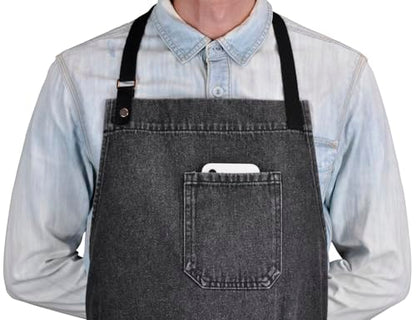 Black Denim Apron with Pockets & Towel Loop for Men Women - color: Black Denim -2
