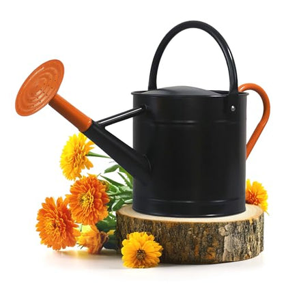 Plexon Metal Watering Can Outdoor 1 Gallon, Flower Plant Gardening Garden Large Watering Can Pot Pitcher, Steel Orange Handles and Removable Spray Spout, Black - color: Black