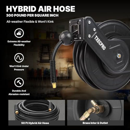 Retractable Air Hose Reel, 3/8 IN x50FT Hybrid Air Hose,Max 300 PSI, Air Compressor Hose Reel with 5 ft Lead in, Ceiling/Wall Mounted,Heavy Duty Air Tool - size: Standard