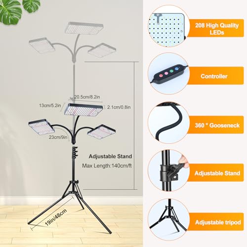 FECiDA High Output Tall Grow Lights for Indoor Plants with Stand and Timer - size: 3-Head