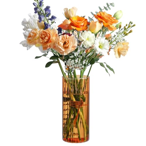 ComSaf Glass Cylinder Vase 8 Inch Tall, Amber Ribbed Decor for Centerpieces - color: Amber