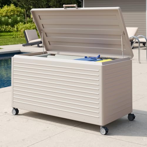 MIRADOR 175 Gallon Outdoor Storage Box with Wheels & Soft-Close Lid, Waterproof Metal Deck Box for Patio Cushions, Garden Tools & Pool Accessories, Latte - color: Latte, size: 175 Gallon