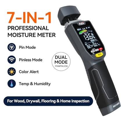 NDI ND316PRO Dual-Mode Moisture Meter – Pin & Pinless Non-Destructive, Wood & Building Materials, Temperature & Humidity Display, Data Log, Backlit LCD