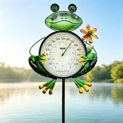 42 Inch Frog Outdoor Thermometer Decorative Garden Stakes,Metal Thermometer Garden Decor for Lawn Yard Patio Decorations - color: Green Frog