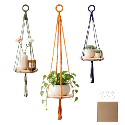 Macrame Hanging Planter with Shelf, Boho Plant Hanger for Indoor Window - color: Green + Orange + Blue