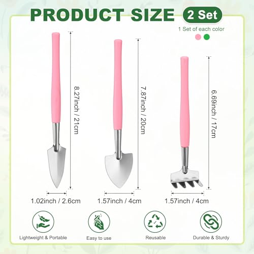 M METERXITY 2-Set Mini Gardening Tools, Stainless Steel Miniature Gardening Rake, Trowel, and Shovel for Seedlings/Bonsai/Succulents/Herbs/Terrariums and Planting [Pink/Green] - color: Pink/Green