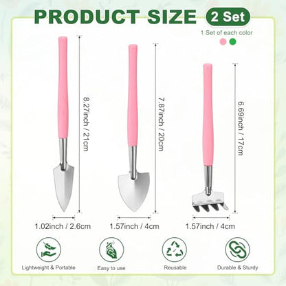 M METERXITY 2-Set Mini Gardening Tools, Stainless Steel Miniature Gardening Rake, Trowel, and Shovel for Seedlings/Bonsai/Succulents/Herbs/Terrariums and Planting [Pink/Green] - color: Pink/Green