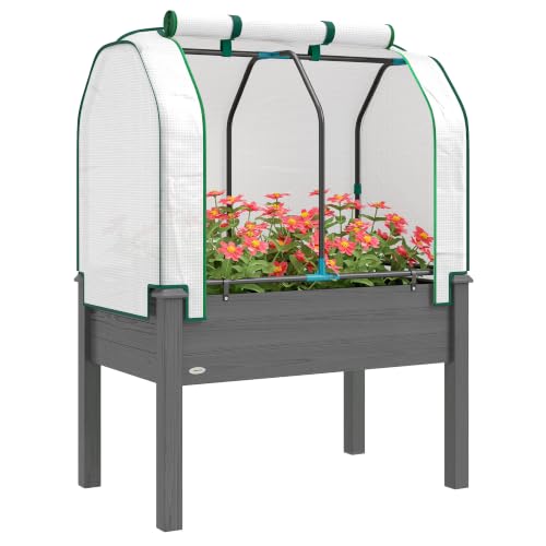 Outsunny Raised Garden Bed with PE Greenhouse Cover 35x22x47 inch Dark Gray - color: Dark Gray, size: 35 x 22 x 47 inch