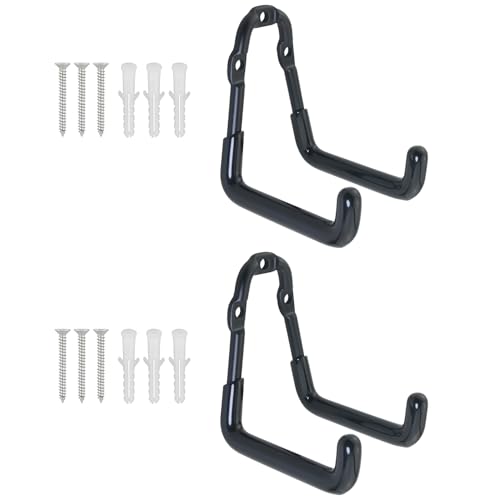 2PCS Wall Mounted Metal Double Hooks with 6 Screws Heavy Duty Storage Rack Bicycle Hook 3.3x2.9x2.2x2.1 inches for Organizing Ropes Chairs Hoses Axes Baseball Bats Garden Tools Shovels