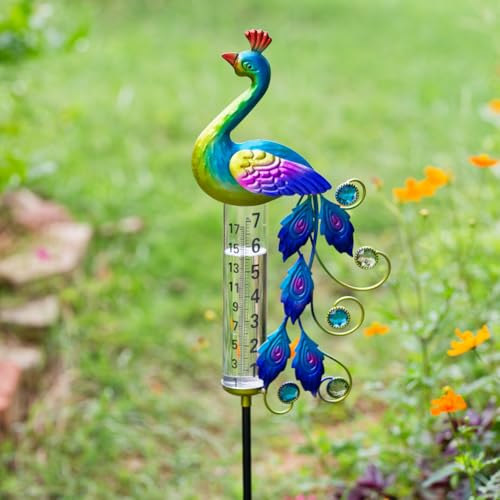 Peacock Rain Gauge Outdoor 36.6" Solar Powered Rain Gauges - color: Green Peacock