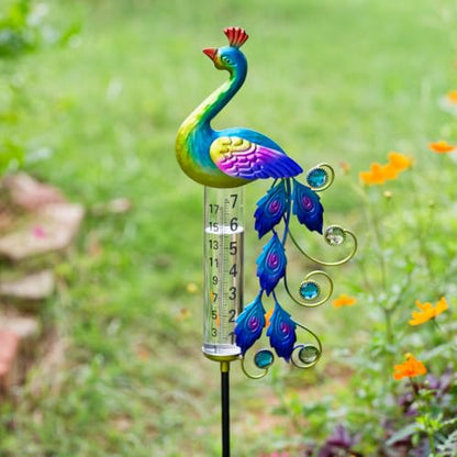 Peacock Rain Gauge Outdoor 36.6" Solar Powered Rain Gauges - color: Green Peacock