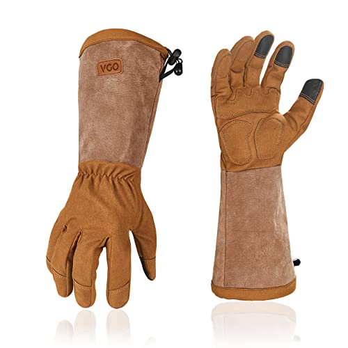 Vgo... Men's Extra-Long Leather Gardening Gloves, Gauntlet with Adjustable Cuff, Puncture & Thorn Proof, Touchscreen (SL6592) - color: 1 Pair - Dark Brown, size: Men's X-Large