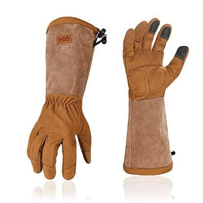 Vgo... Men's Extra-Long Leather Gardening Gloves, Gauntlet with Adjustable Cuff, Puncture & Thorn Proof, Touchscreen (SL6592) - color: 1 Pair - Dark Brown, size: Men's X-Large