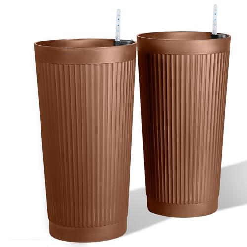 24" Self Watering Tall Outdoor Planters Set of 2 - color: Brown Round