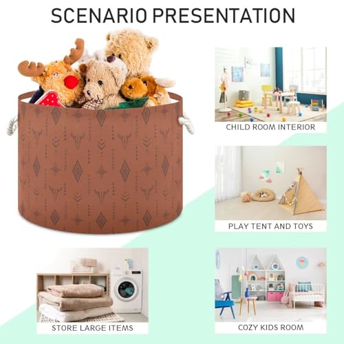 Brown Western Boho Round Storage Basket Collapsible with Handle - color: Brown