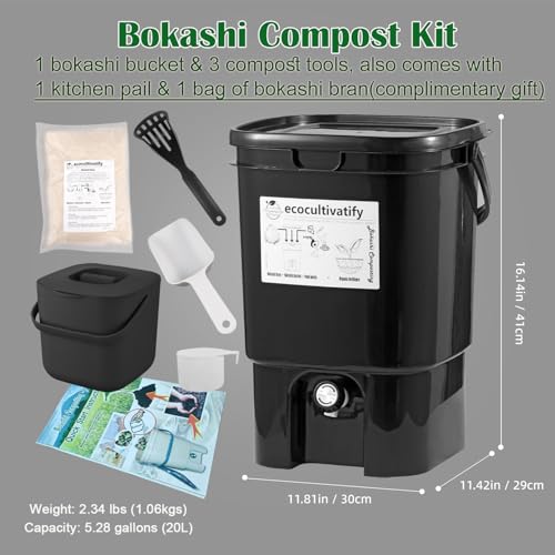 20L Bokashi Compost Bin, 5.28 Gallon Compost Bin for Kitchen Composter with Lid, Bokashi Start Kit with Bran (Tan & Dark Green) (20L/5.28GAL Black) - color: 20L/5.28GAL Black