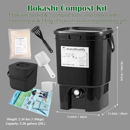 20L Bokashi Compost Bin, 5.28 Gallon Compost Bin for Kitchen Composter with Lid, Bokashi Start Kit with Bran (Tan & Dark Green) (20L/5.28GAL Black) - color: 20L/5.28GAL Black