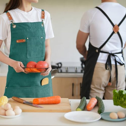 Aoomzoon Canvas Aprons for Men Women, Heavy Duty BBQ Apron with Pockets - color: Green