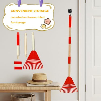 Kids Leaf Rake - 3-Section Adjustable Handle, Lightweight, Wood & Plastic, Small Garden Tool for Children (Red) - color: Red