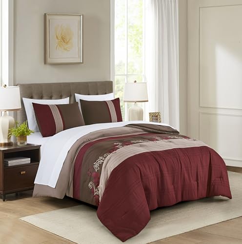 Chezmoi Collection Alana 7-Piece Bed in a Bag Comforter Set with Sheets - Embroidered Floral Luxury Leaves Burgundy/Taupe/Brown Lightweight All Season Bedding, King Size - color: Burgundy/Taupe/Brown, size: King