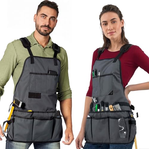Under NY Sky Tool Apron, Magnetic Bits Holder, Cross-Back,18 Pockets, Gray - color: Gray