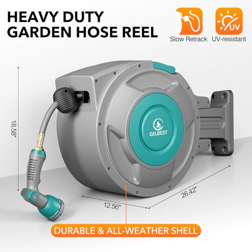 1/2" x 130 ft Retractable Garden Hose Reel, Heavy Duty Water Hose Reel - color: Green, size: 1/2 in 130FT+6.5FT