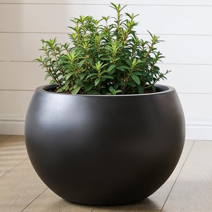 15.8"Dia x 10.9"H Fiberstone Sphere Planter, Black Round Flower Pot - color: Black, size: Medium