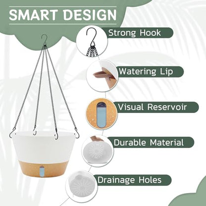 ZMTECH Large 12Inch Self Watering Hanging Planter, Water Window & Chain - color: White
