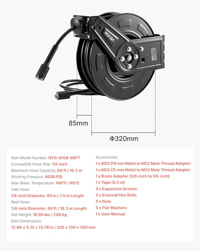 VEVOR Pressure Washer Hose Reel, 60 ft x 1/4 inch Retractable Power Heavy-Duty Steel Washer Hose Reel, 4000PSI Max, Auto-Rewinding, Flexible Wall/Floor Mounted for Car Washing,Garden,Floor Cleaning - size: 60 ft x 1/4 inch, 4000PSI