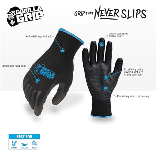 GORILLA GRIP Never-Slip Maximum-Grip All-Purpose Gloves, Nylon, Large