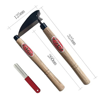 Japanese Garden Hand Hoe Sickle, Hand Weed Puller with Replacement Wooden Handle, Gardening Sickle for DIY Yard Work (Right-Handed)