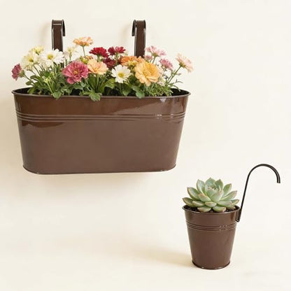 4 Pack Mixed Size Metal Fence Planters Set with Detachable Hooks, Chocolate - color: Chocolate, size: Oval*2 + Round*2