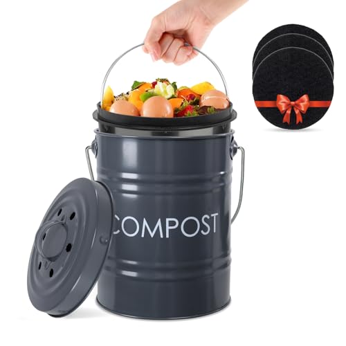 Vipush Compost Bin Kitchen Countertop Composter with lid – Small Compost ContainerI Includes Inner Compost Bucket Liner & Charcoal Filter, Grey - color: Gray