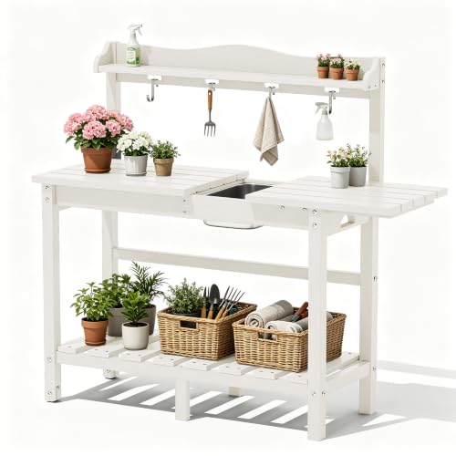 PLUUV Potting Bench with Removeable Sink, Garden Potting Table, White - color: White