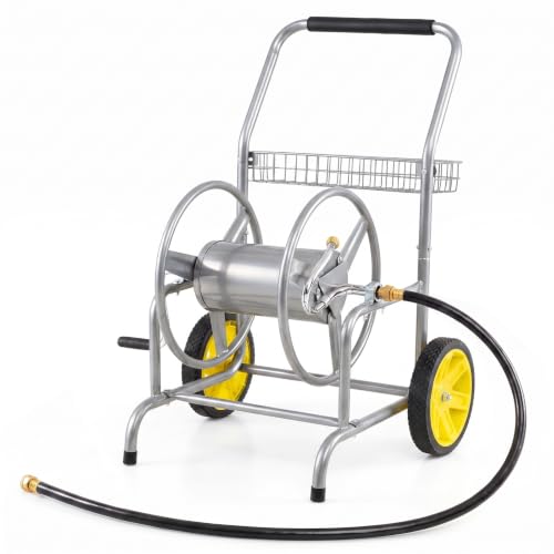 Goplus Garden Hose Reel Cart, 230ft 5/8" or 300ft 1/2" Heavy-Duty Metal Hose Cart w/ 2 Wheels, Storage Basket, Portable Water Hose Organizer for Yard Planting Lawn - color: Silver, size: 230 FT 5/8" Hose