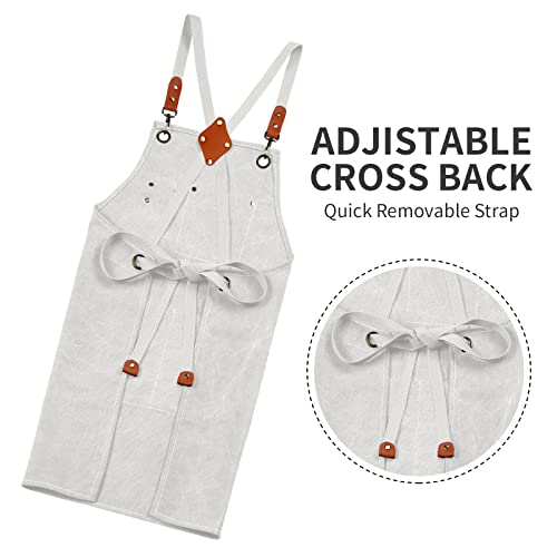 ZOMAO White Chef Aprons for Men Women with Large Pockets,Cotton Canvas Cross Back Apron,Kitchen Cooking Baking Bib Heavy Duty Adjustable Work Apron - color: Beige