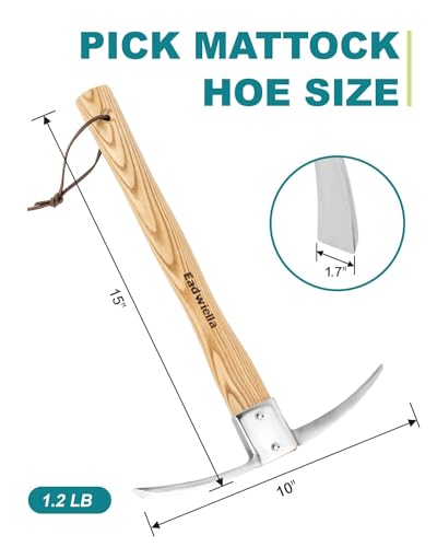 15 Inch Pick Axe, Stainless Steel Mattock with Solid Wood Handle